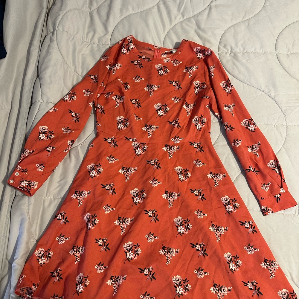 LOFT Orange Floral Long Sleeve Dress